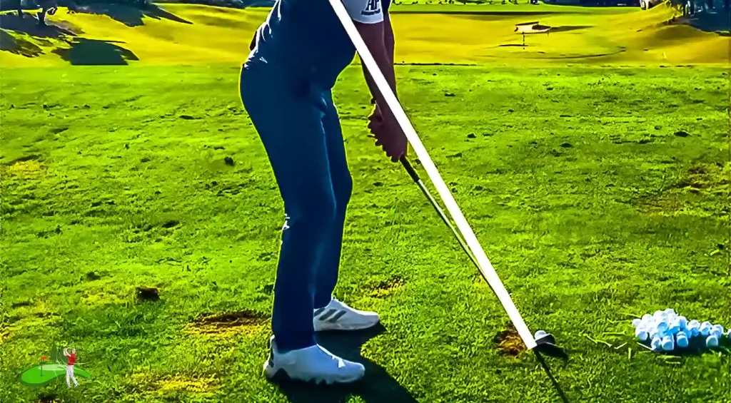 Golfer playing in fast wind with open stance