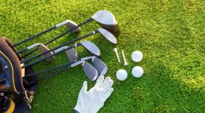 Golf clubs, balls, bag and Glove